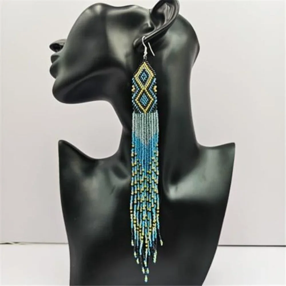 BOHEMIAN BLUE Gold Colorful Western style Beaded Long Earrings Festival Jewelry